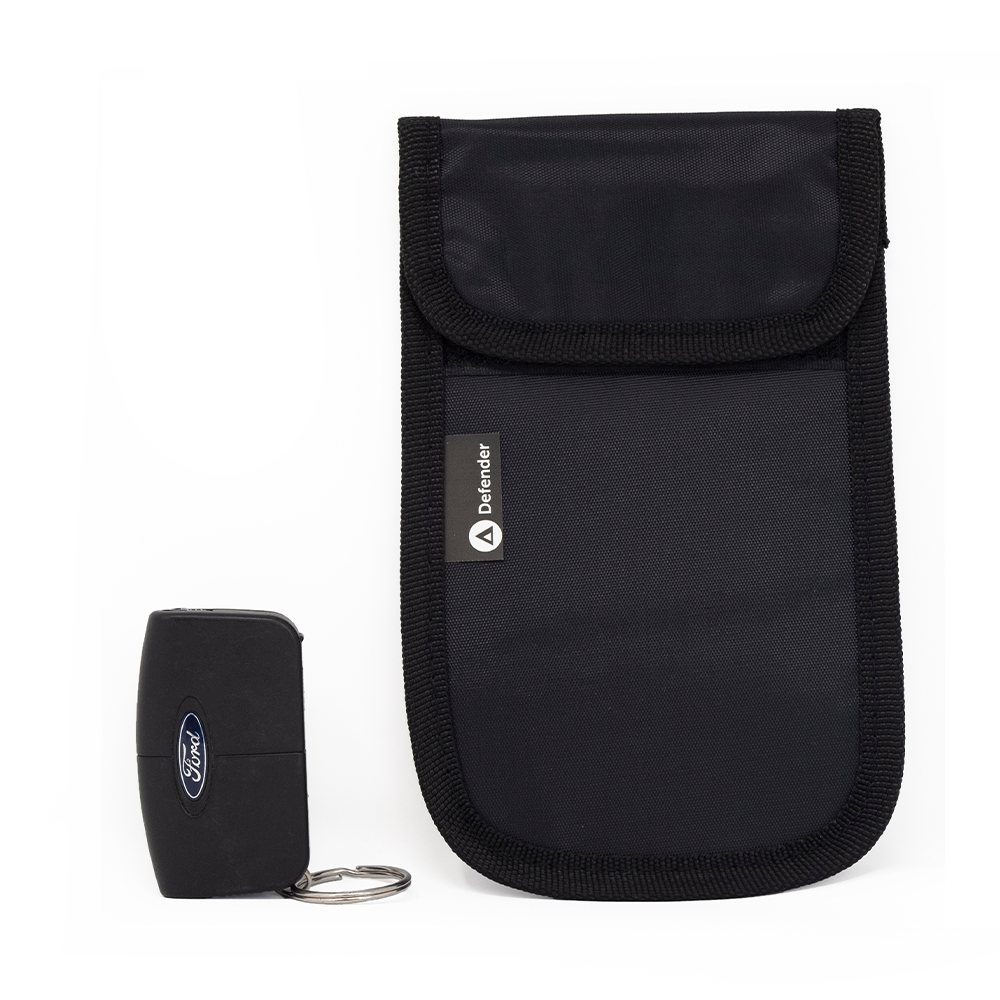 Close detail of the Defender Signal Blocker pouch showing stitching and the external hook